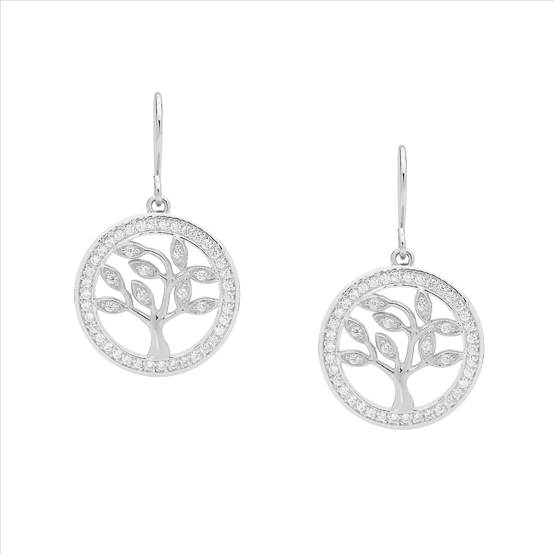 Sterling Silver Cubic Zirconia Tree of Life Shephard Hook Earrings