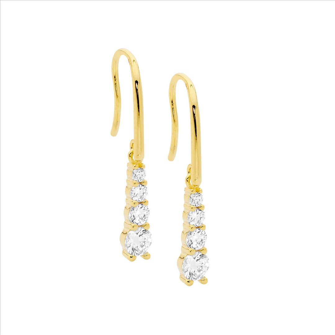 Sterling Silver Yellow Gold Cubic Zirconia Gradual Drop Shephard Hook Earrings