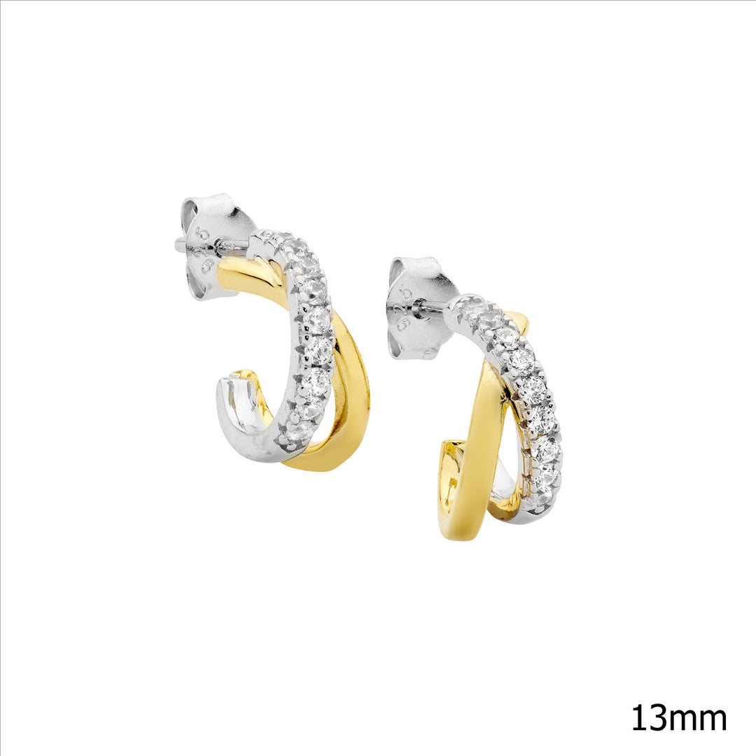 Sterling Silver Yellow Gold Plated Cubic Zirconia Crossover Hoop Stud Earrings