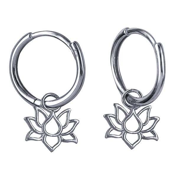 Sterling Silver Lotus Flower Charm Huggie Earrings