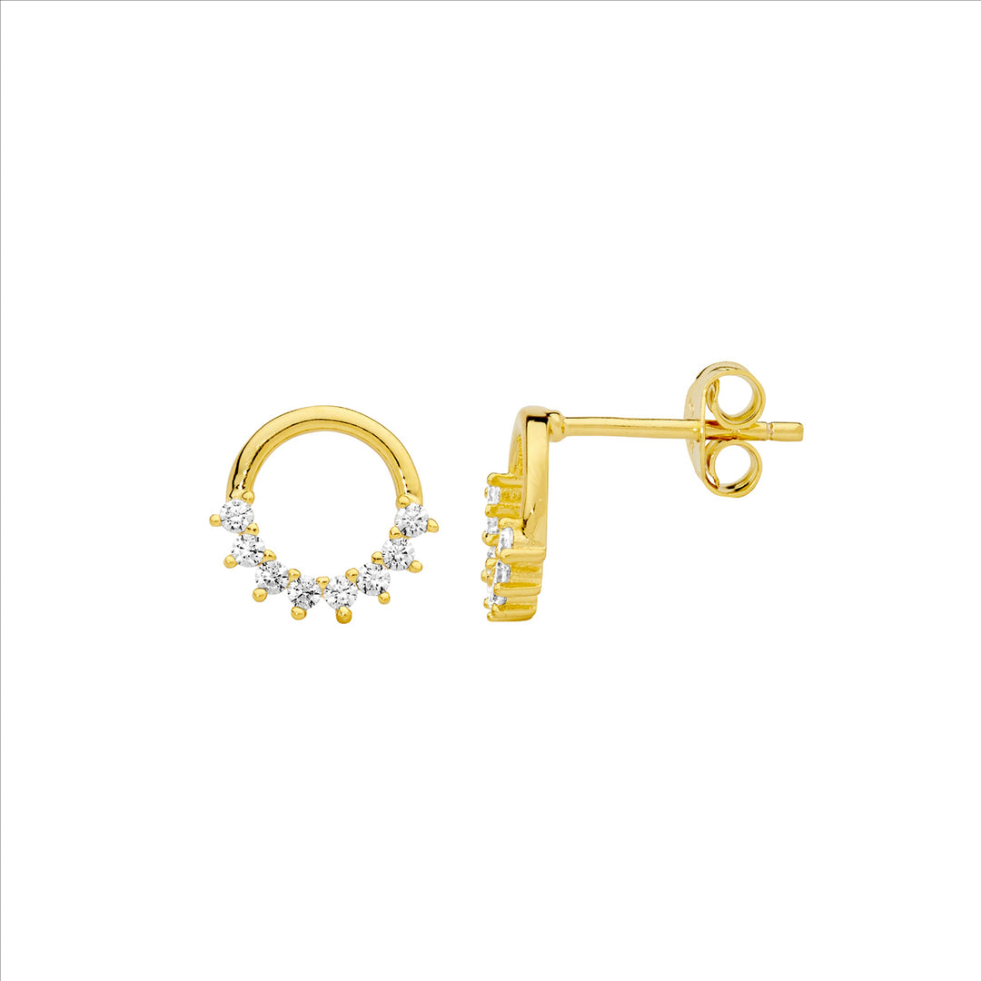 Sterling Silver Yellow Gold Plated Cubic Zirconia Circle Stud Earrings