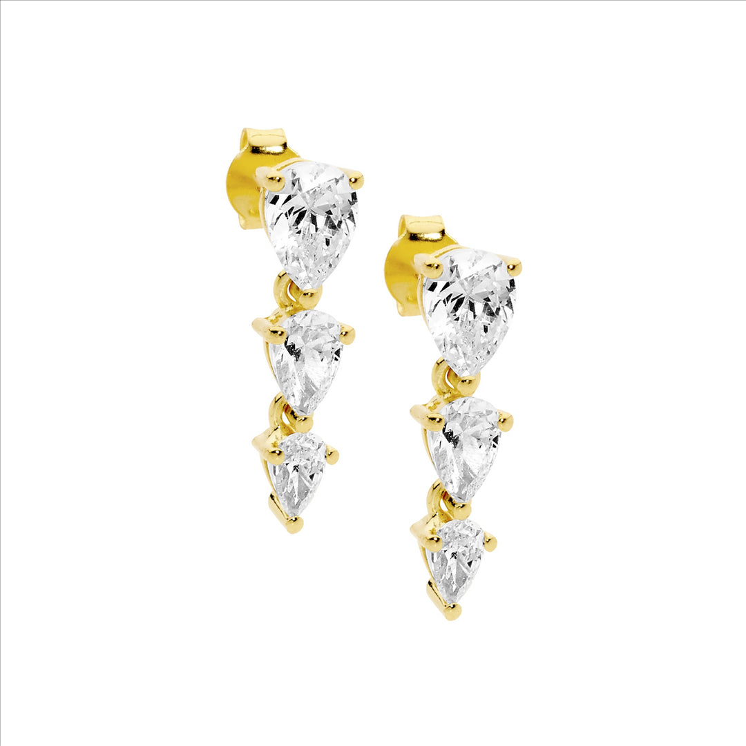 Sterling Silver Yellow Gold Plated Cubic Zirconia Drop Stud Earrings