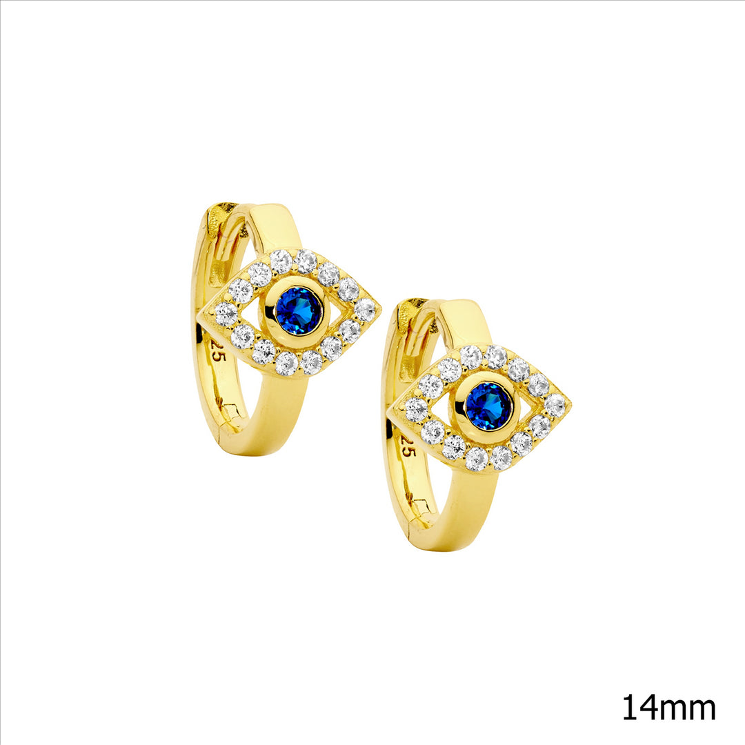 Sterling Silver Yellow Gold Plated Cubic Zirconia Evil Eye Huggie Earrings