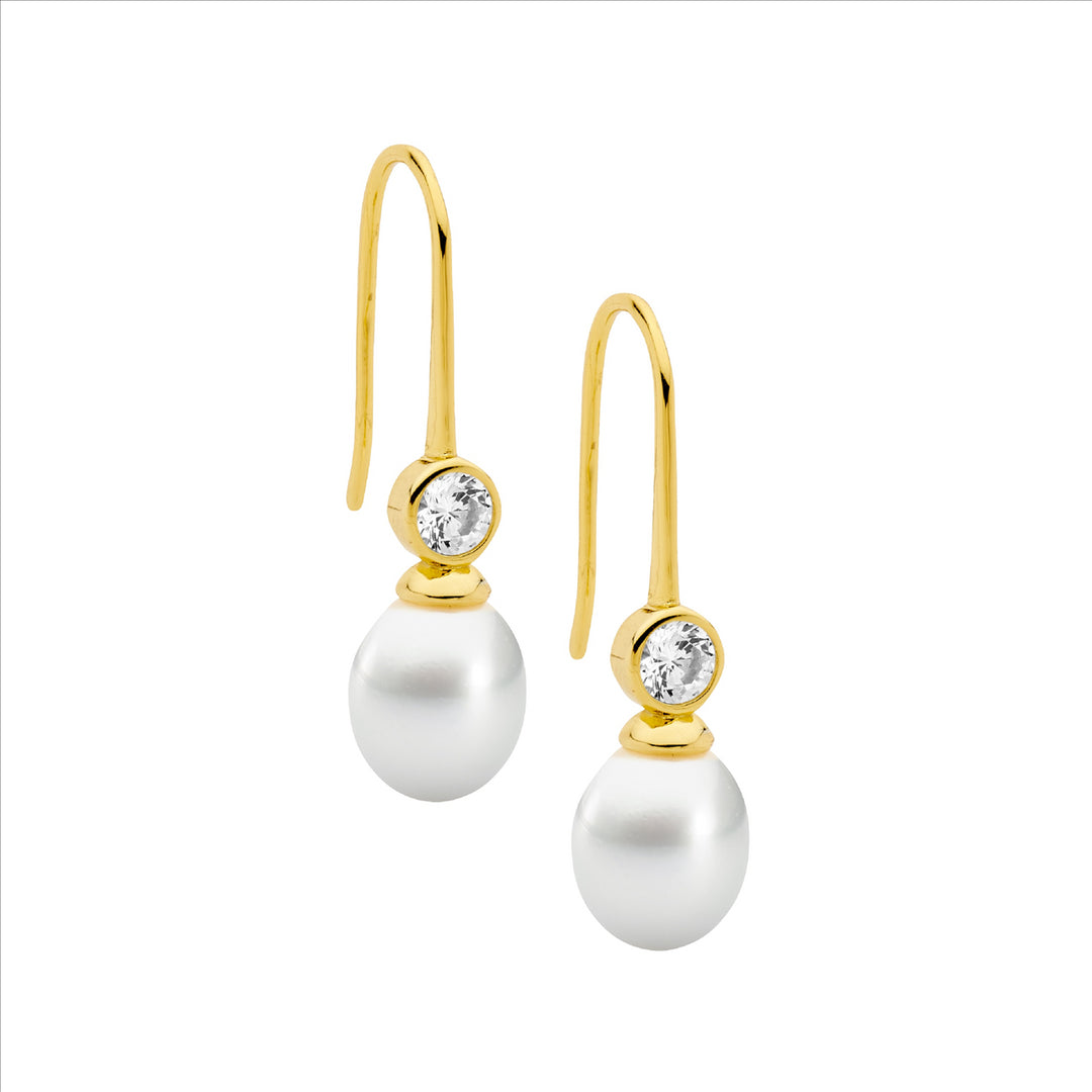 Sterling Silver Yellow Gold Plated Cubic Zirconia & Pearl Shephard Hook Earrings