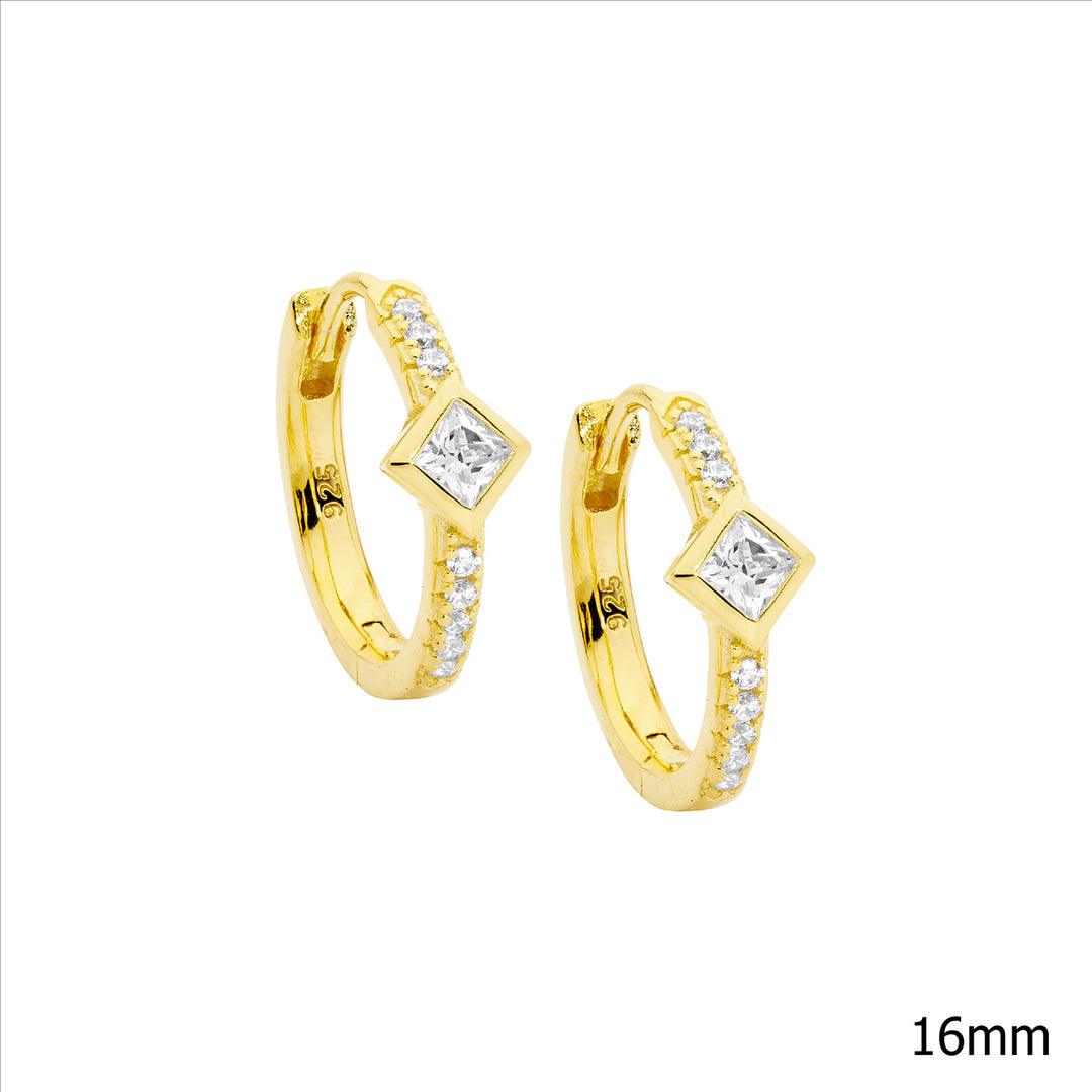 Sterling Silver Yellow Gold Plated Cubic Zirconia Huggie Earrings