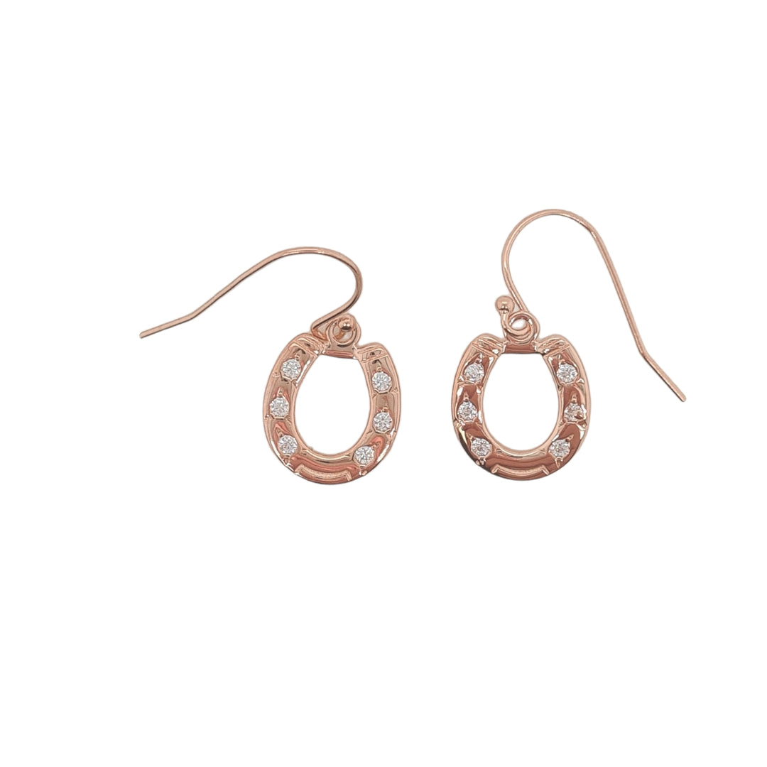 Sterling Silver Rose Gold Plated Cubic Zirconia Horse Shoe Shepherd Hook Earrings