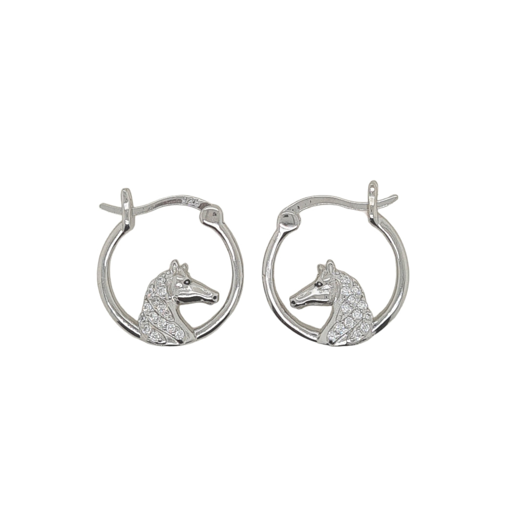 Sterling Silver Cubic Zirconia Horse Head Hoop Earrings