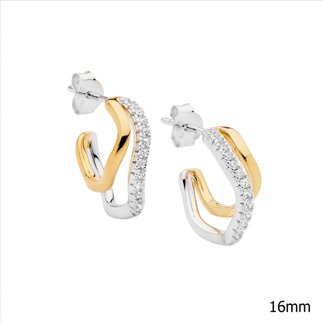 Sterling Silver Yellow Gold Plated Cubic Zirconia Hoop Stud Earrings