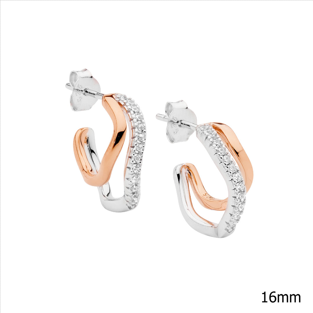 Sterling Silver Rose Gold Plated Cubic Zirconia Hoop Stud Earrings