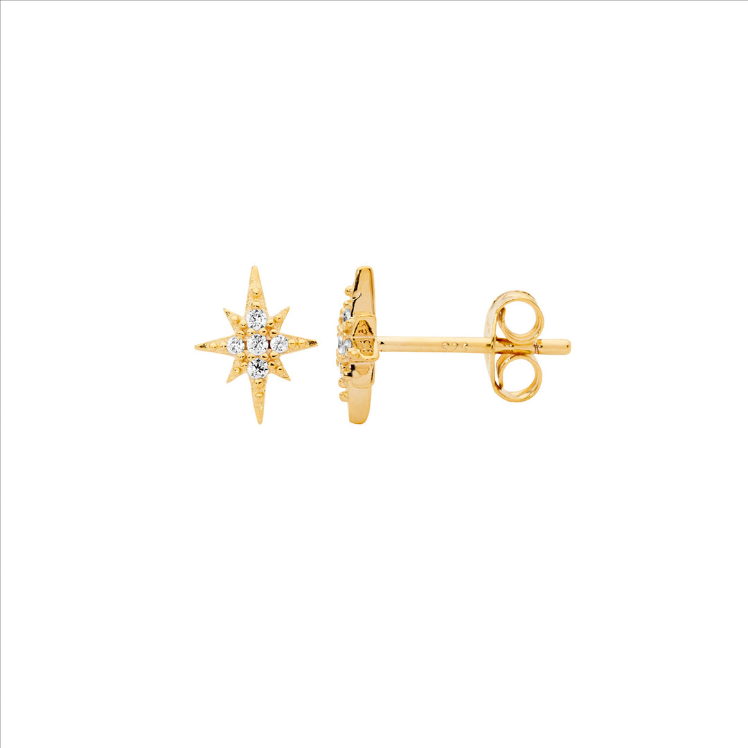Sterling Silver Yellow Gold Plated Cubic Zirconia Star Stud Earrings