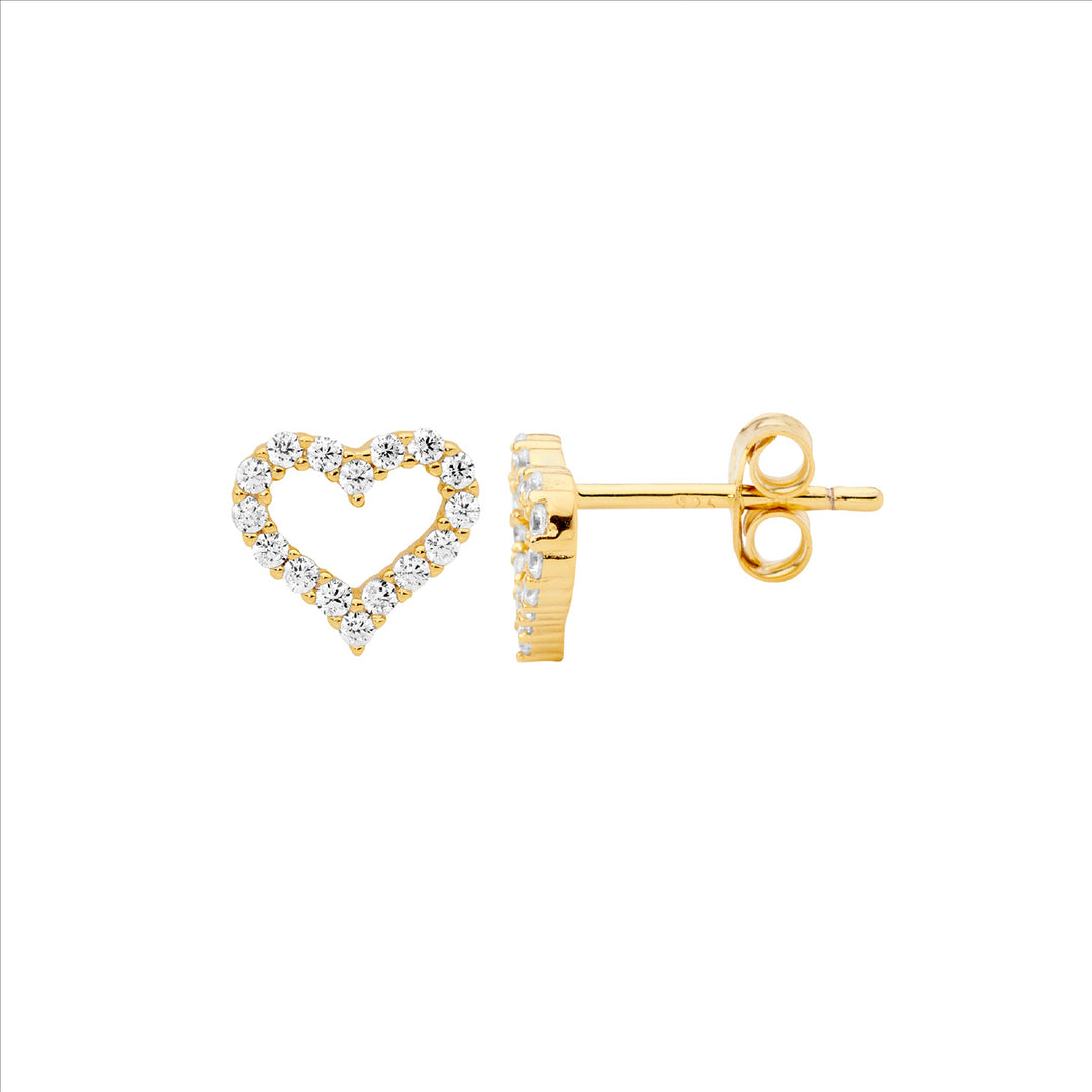 Sterling Silver Yellow Gold Plated Cubic Zirconia Heart Stud Earrings