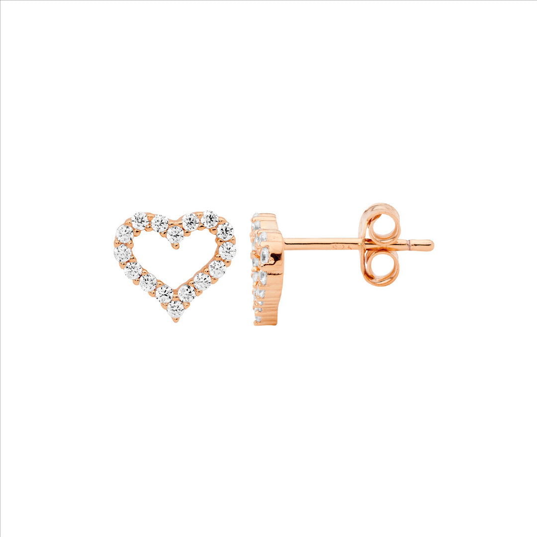 Sterling Silver Rose Gold Plated Cubic Zirconia Heart Stud Earrings