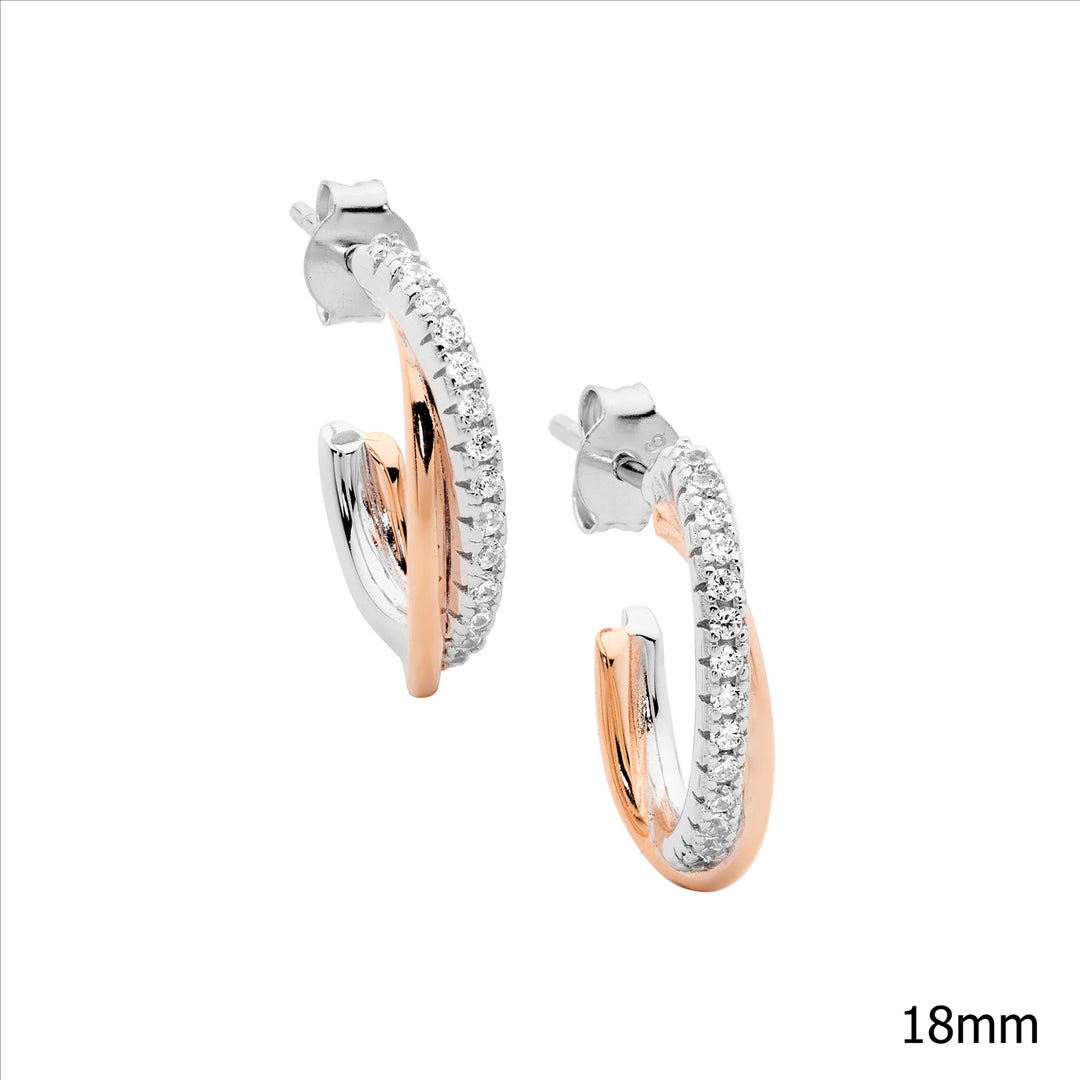 Sterling Silver Rose Gold Plated Cubic Zirconia Crossover Hoop Earrings