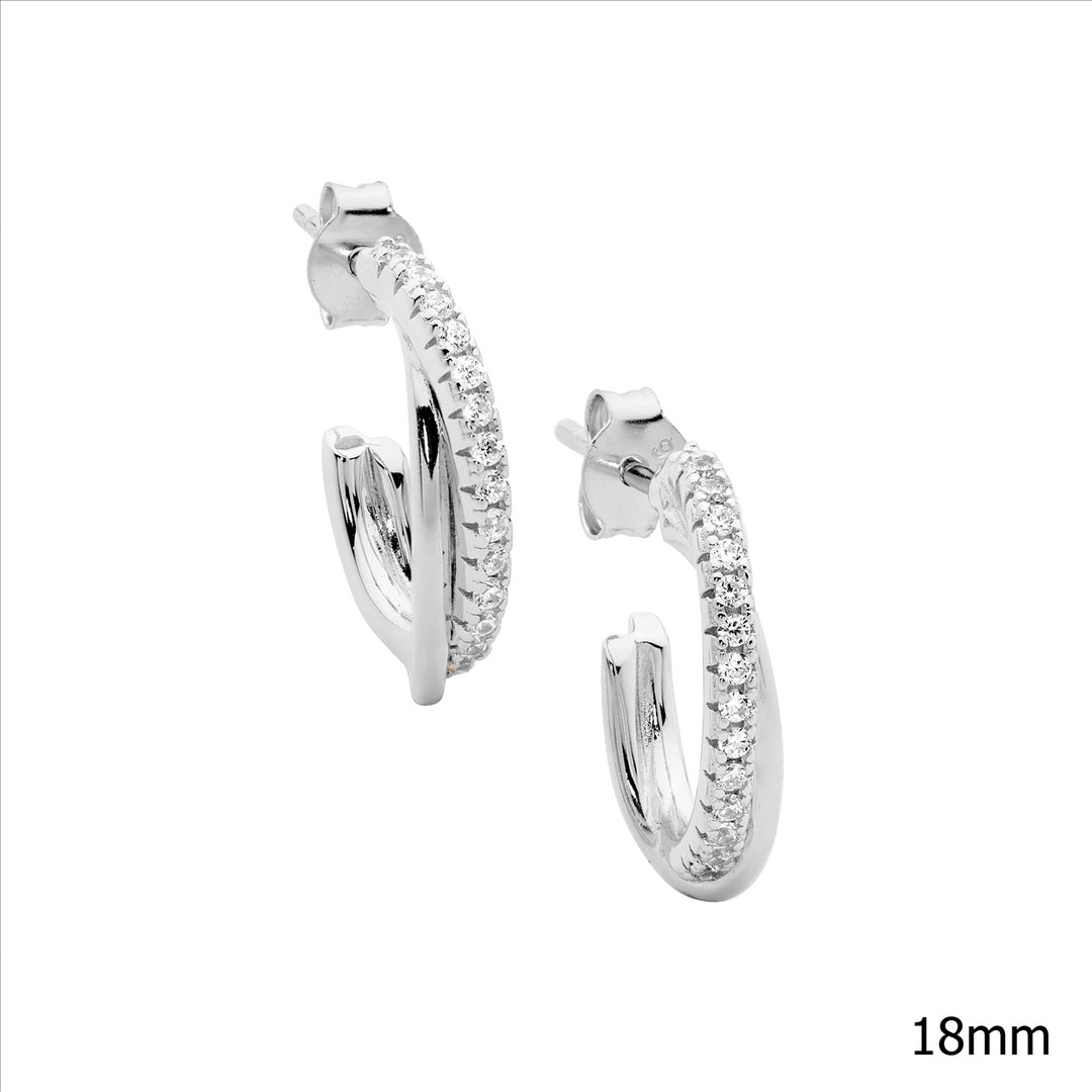 Sterling Silver Cubic Zirconia Crossover Hoop Stud Earrings