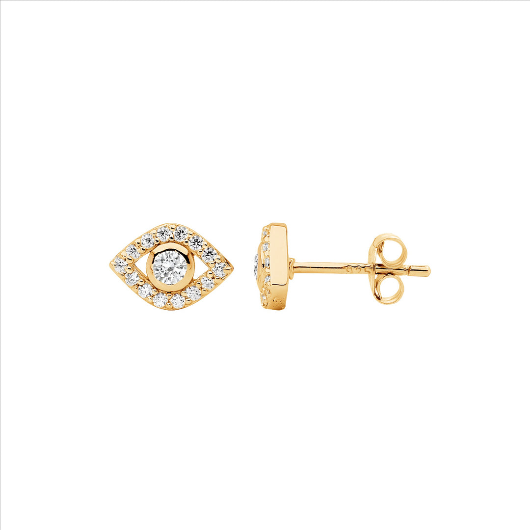 Sterling Silver Yellow Gold Plated Cubic Zirconia Evil Eye Stud Earrings