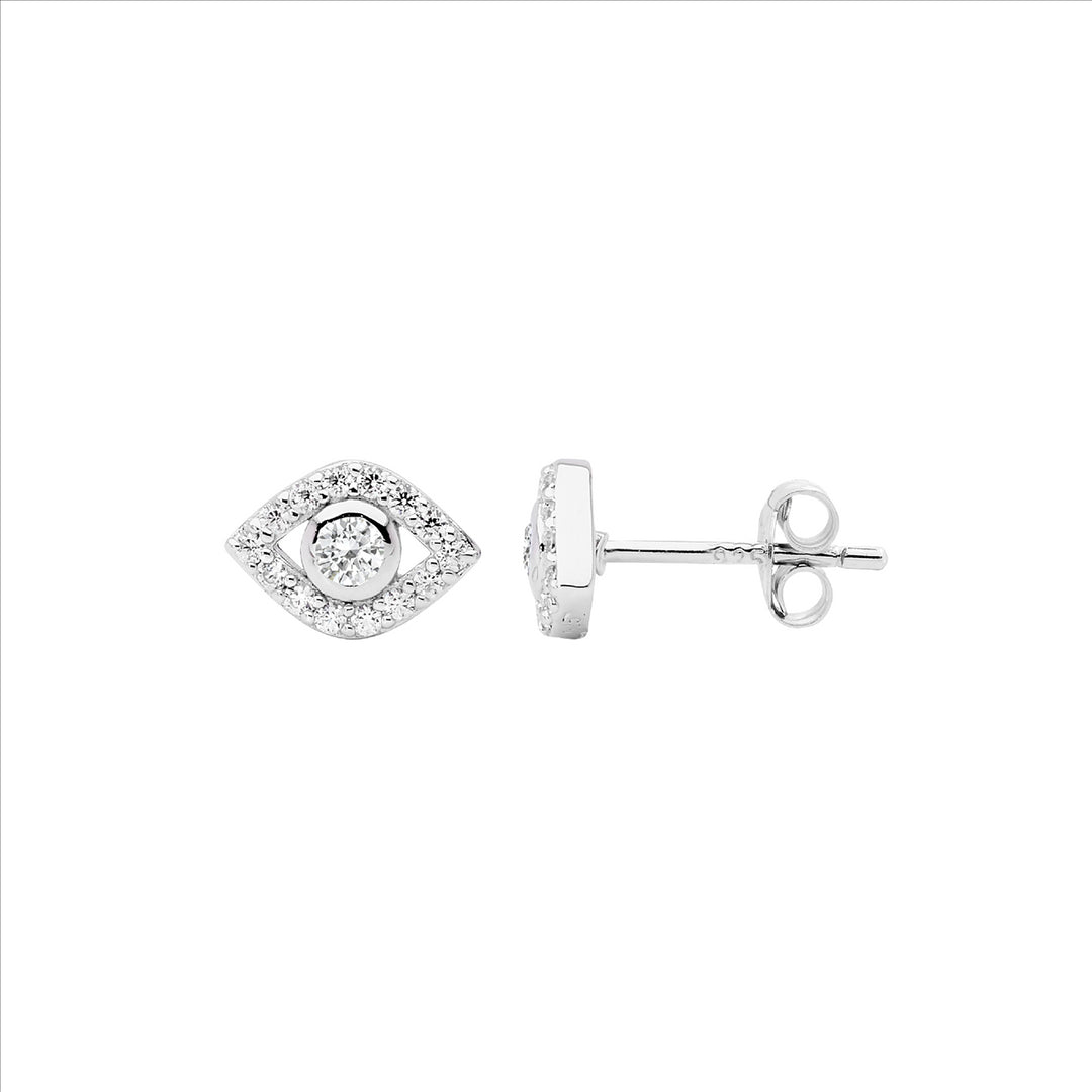 Sterling Silver Cubic Zirconia Evil Eye Stud Earrings