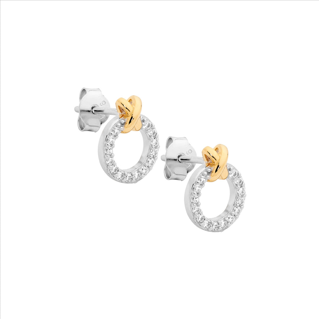 Sterling Silver Yellow Gold Plated Cubic Zirconia Cirlce Stud Earrings