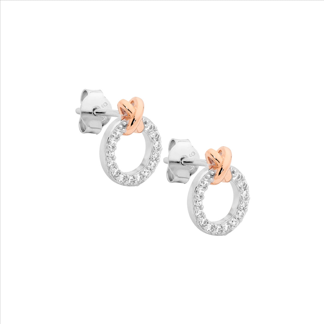 Sterling Silver Rose Gold Plated Cubic Zirconia Circle Stud Earrings
