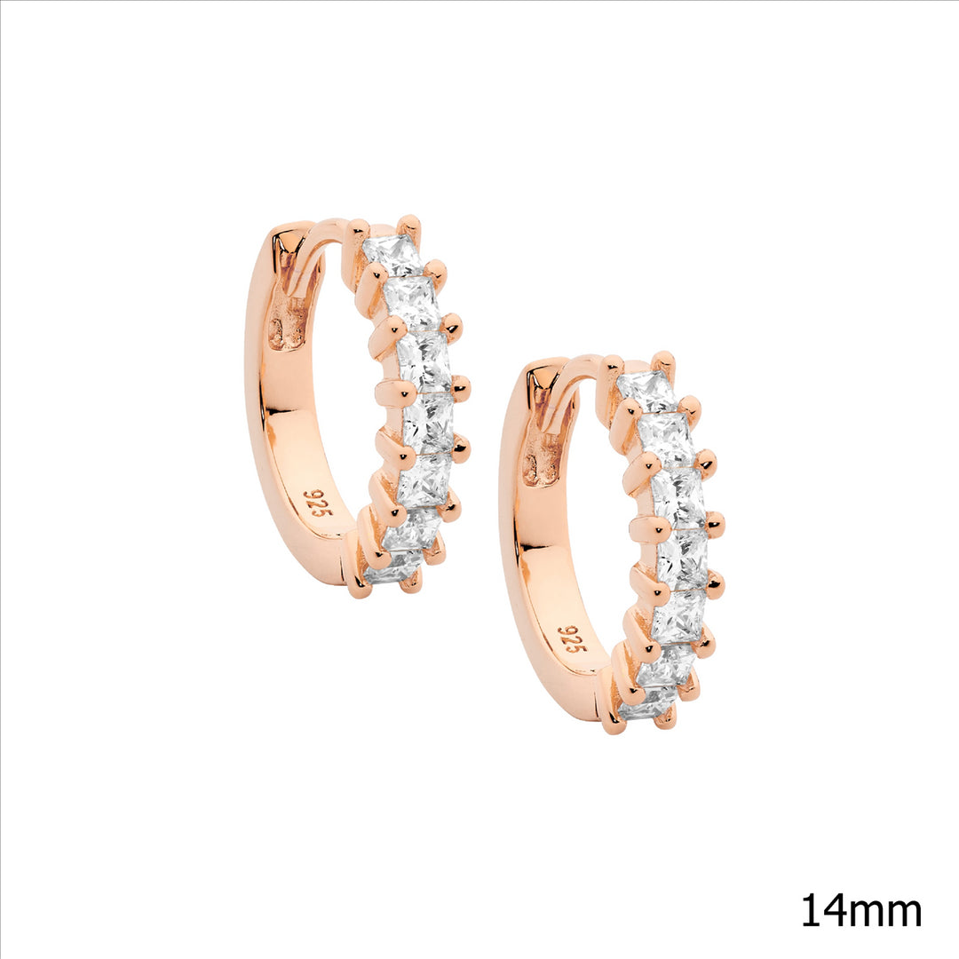 Sterling Silver Rose Gold Plated Cubic Zirconia Huggie Earrings