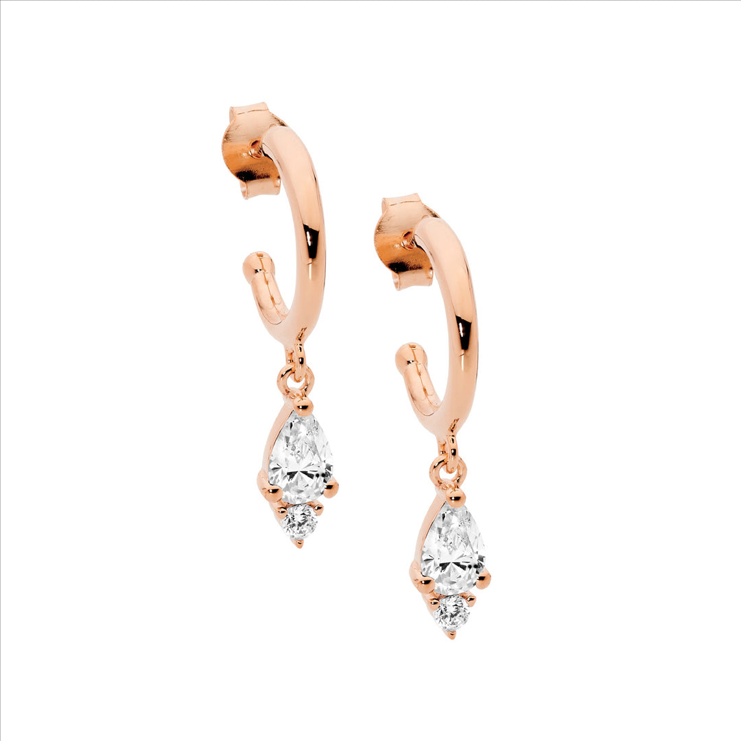 Sterling Silver Rose Gold Plated Cubic Zirconia Hoop Stud Earrings