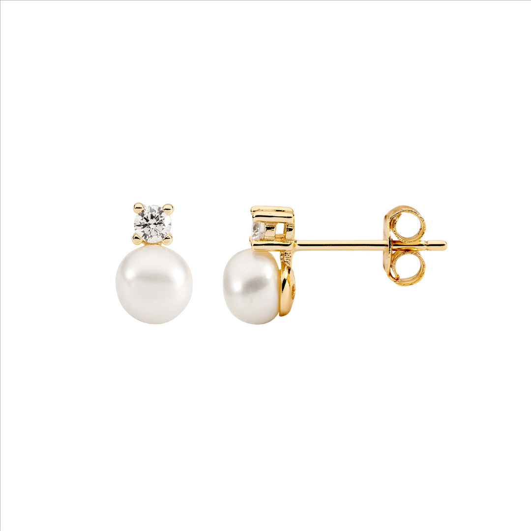 Sterling Silver Yellow Gold Plated Pearl & Cubic Zirconia Stud Earrings