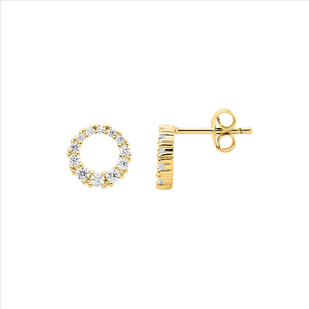 Sterling Silver Yellow Gold Plated Cubic Zirconia Circle Stud Earrings