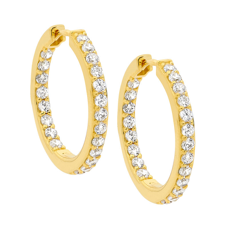 Sterling Silver Yellow Gold Plated Cubic Zirconia Huggie Earrings