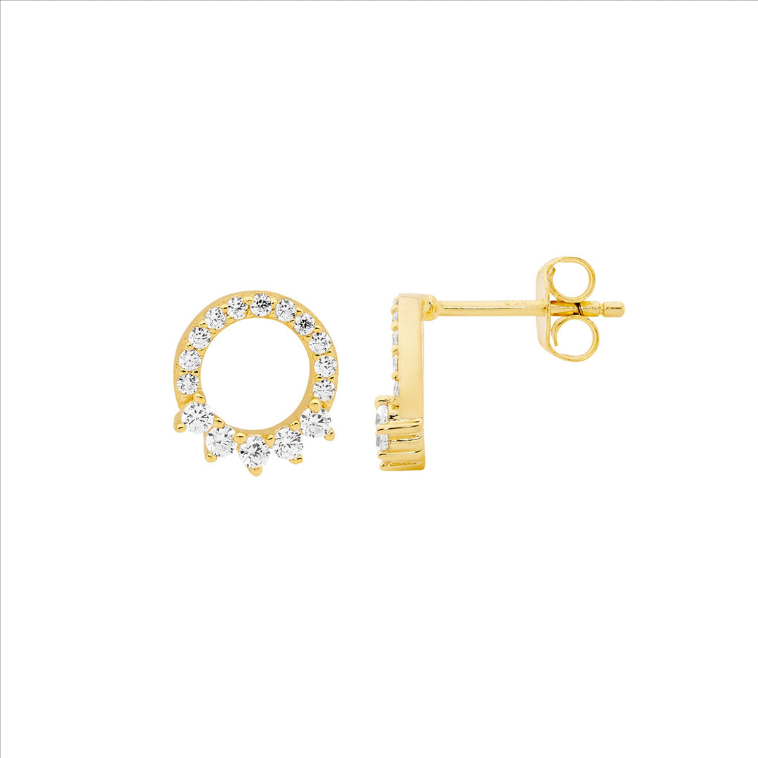 Sterling Silver Yellow Gold Plated Cubic Zirconia Circle Stud Earrings