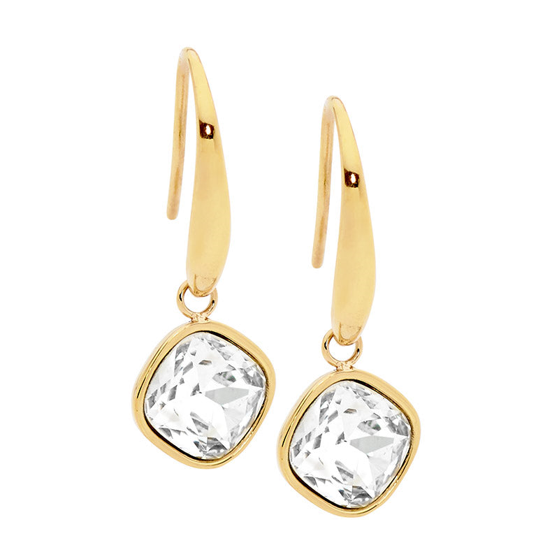 Ellani Stainless Steel Gold Plated Clear Glass Drop Earrings
