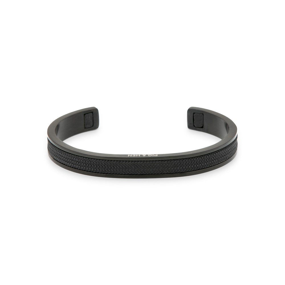 Pig & Hen Black Toned Stainless Steel & Black Rope Cuff Bracelet