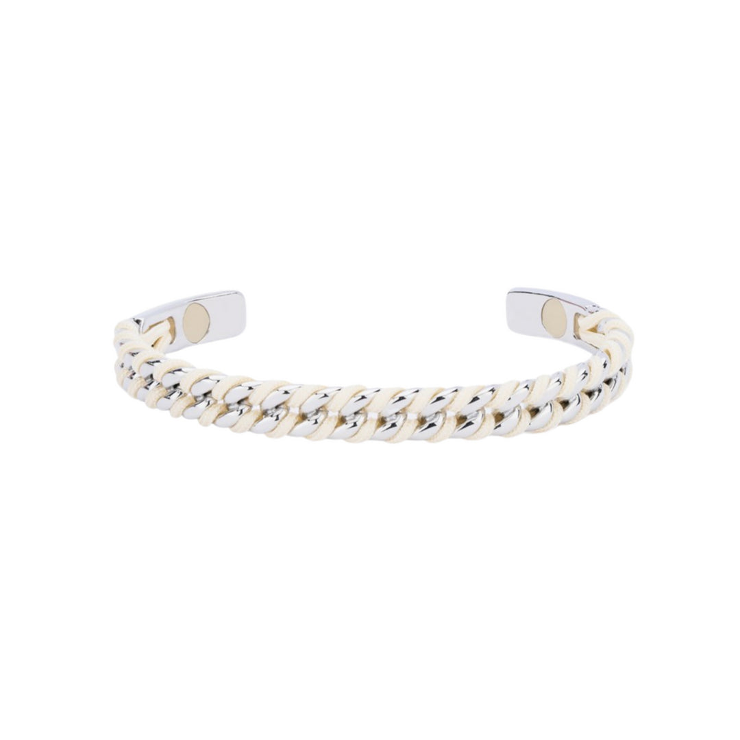 Pig & Hen Silver Toned Stainless Steel & Cream Rope Cuff Bracelet