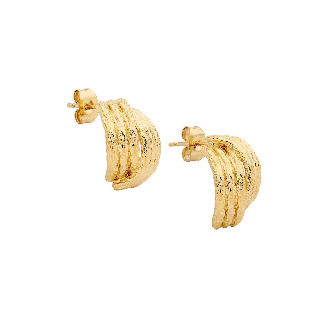 Stainless Steel Yellow Gold Plated Crossover Hoop Stud Earrings