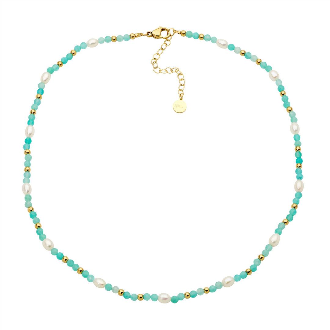 Stainless Steel Yellow Gold Plated Amazonite & Pearl Necklace