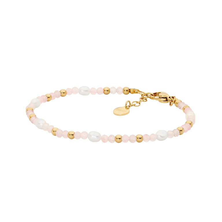 Stainless Steel Yellow Gold Plated Rose Quartz & Pearl Bracelet