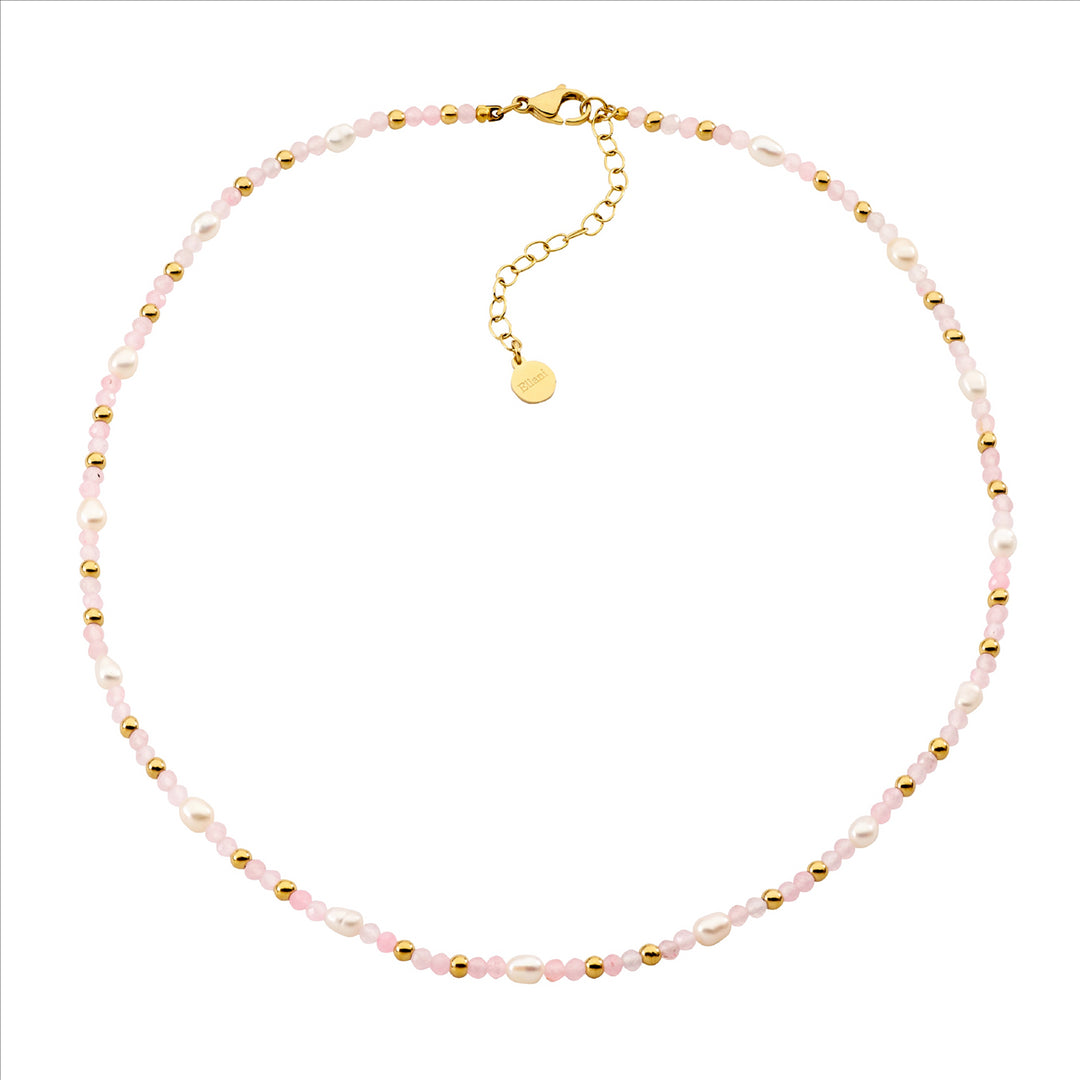 Stainless Steel Yellow Gold Plated Rose Quartz & Pearl Necklace