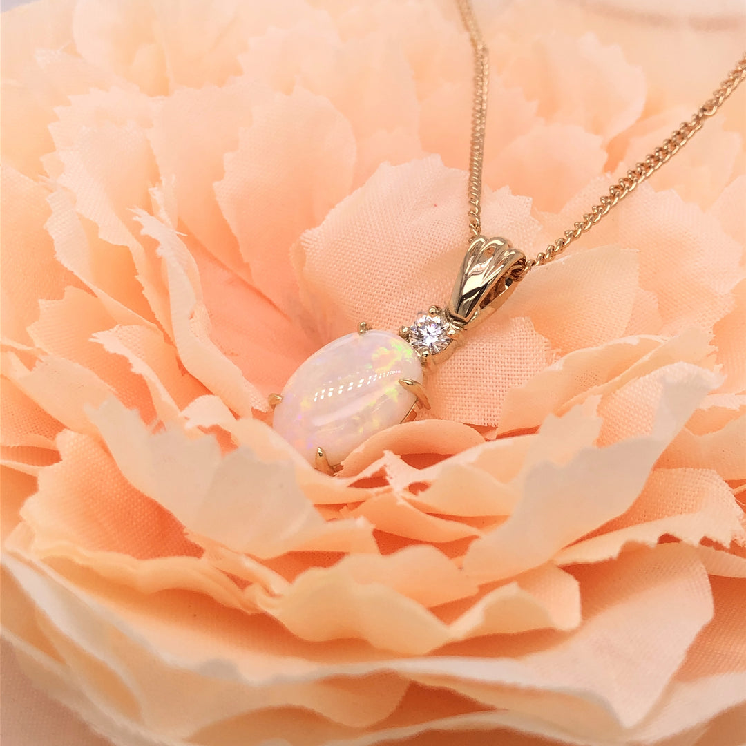 Custom Made 9ct Yellow Gold Opal & Diamond Pendant