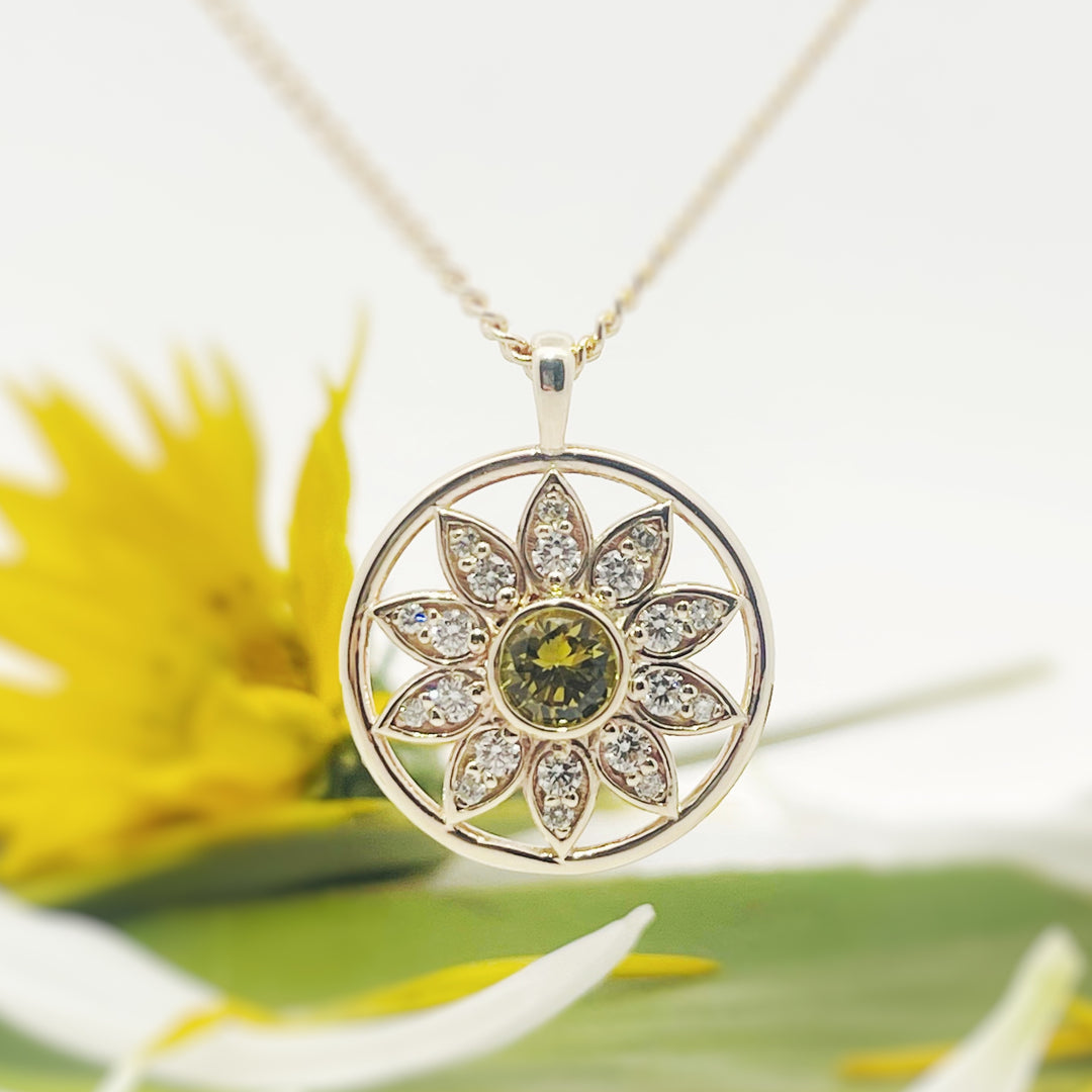 Custom Made 9ct Yellow Gold Sapphire & Diamond Sunflower Pendant