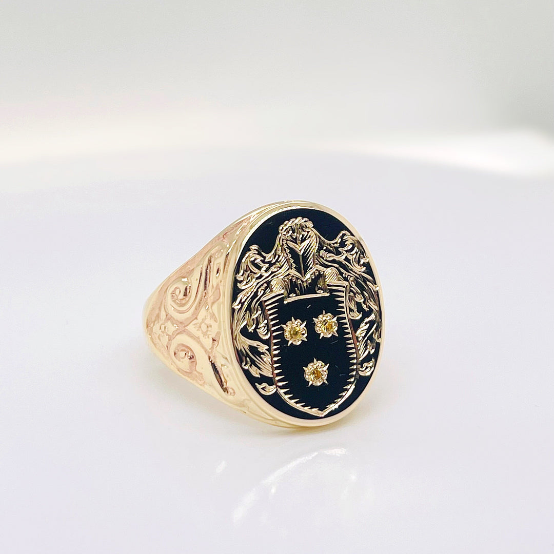 Custom Made 9ct Yellow Gold Citrine Family Crest Ring