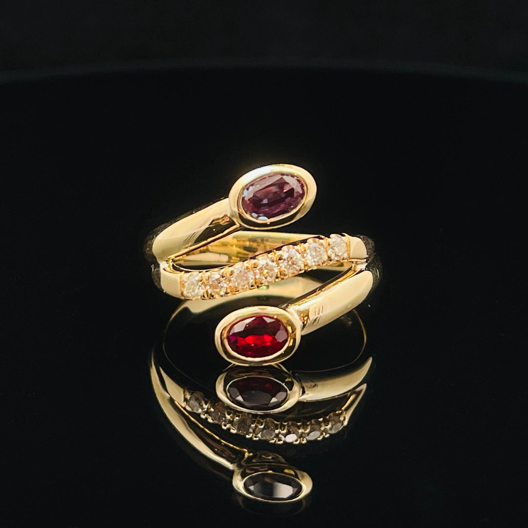 Custom Made 9ct Yellow Gold Ruby, Syn Alexandrite & Diamond Ring