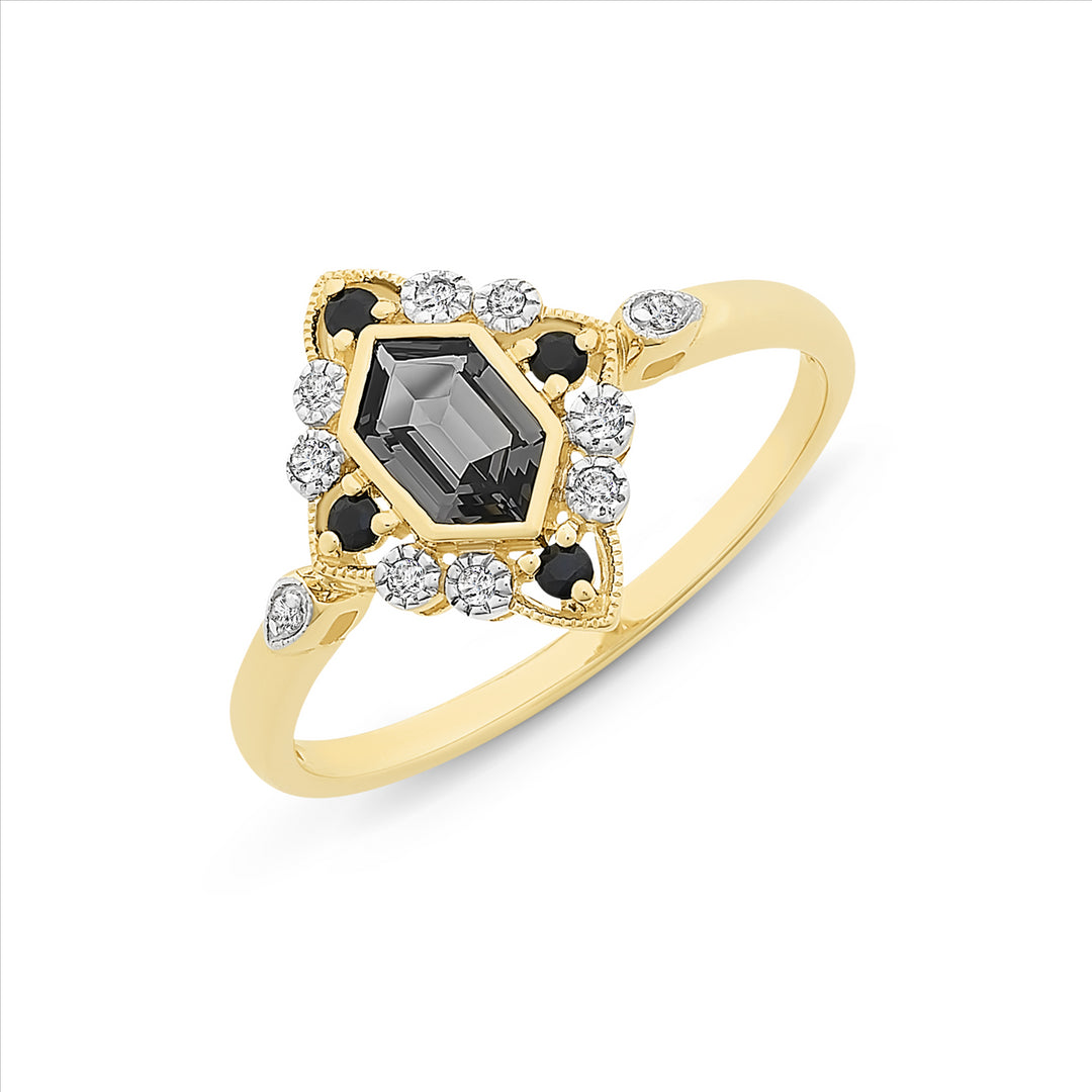 9ct Yellow Gold Created Nano, Sapphire & Diamond Ring