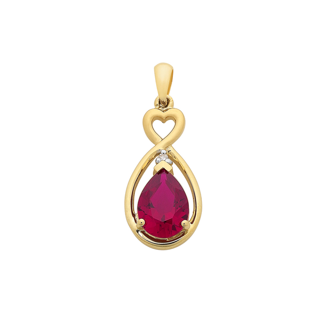 9ct Yellow Gold Created Ruby & Diamond Teardrop with Heart Pendant