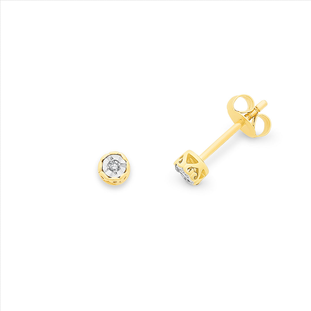 9ct Yellow Gold Diamond With Heart Filagree Stud Earrings