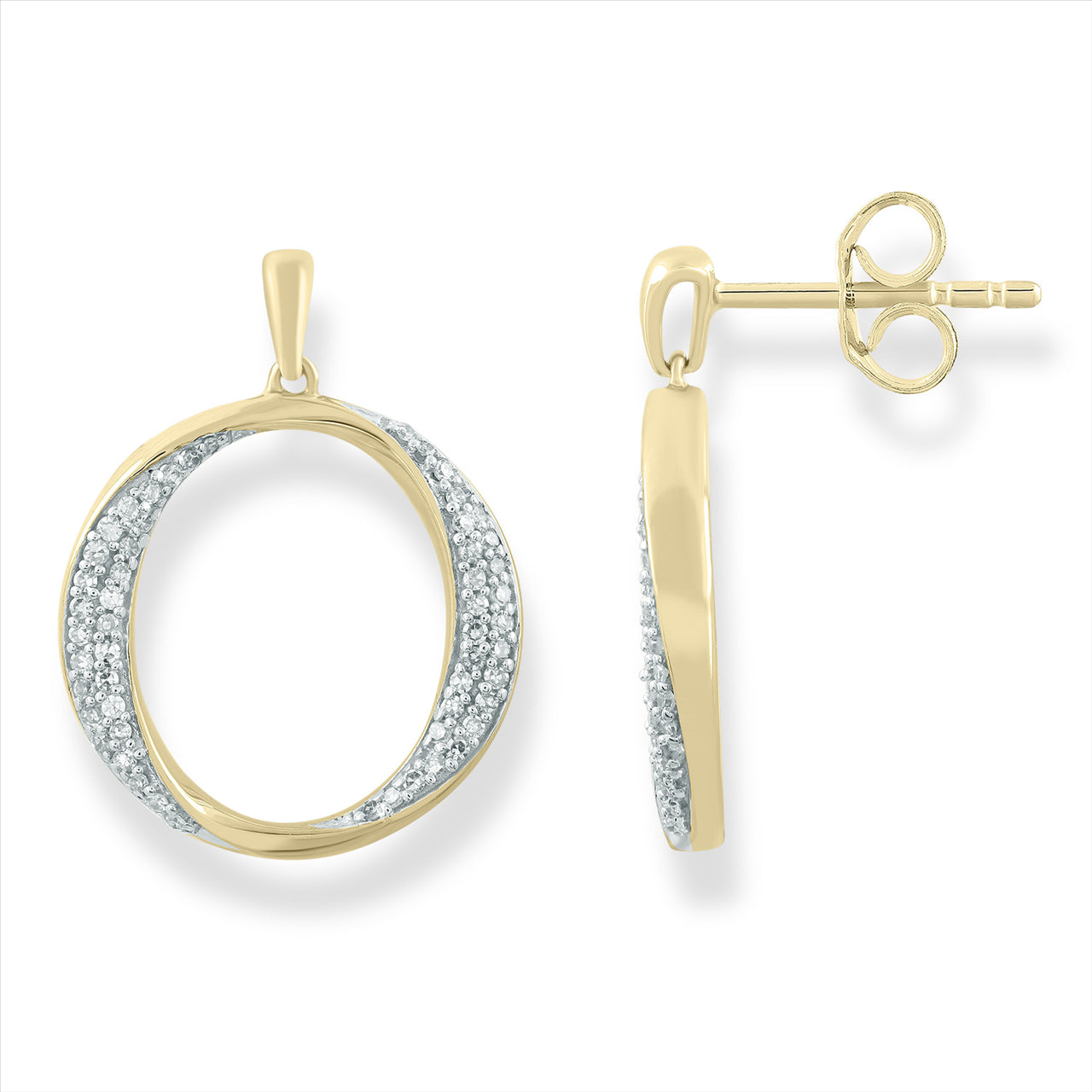 9ct Yellow Gold Open Circle Diamond Stud Drop Earrings
