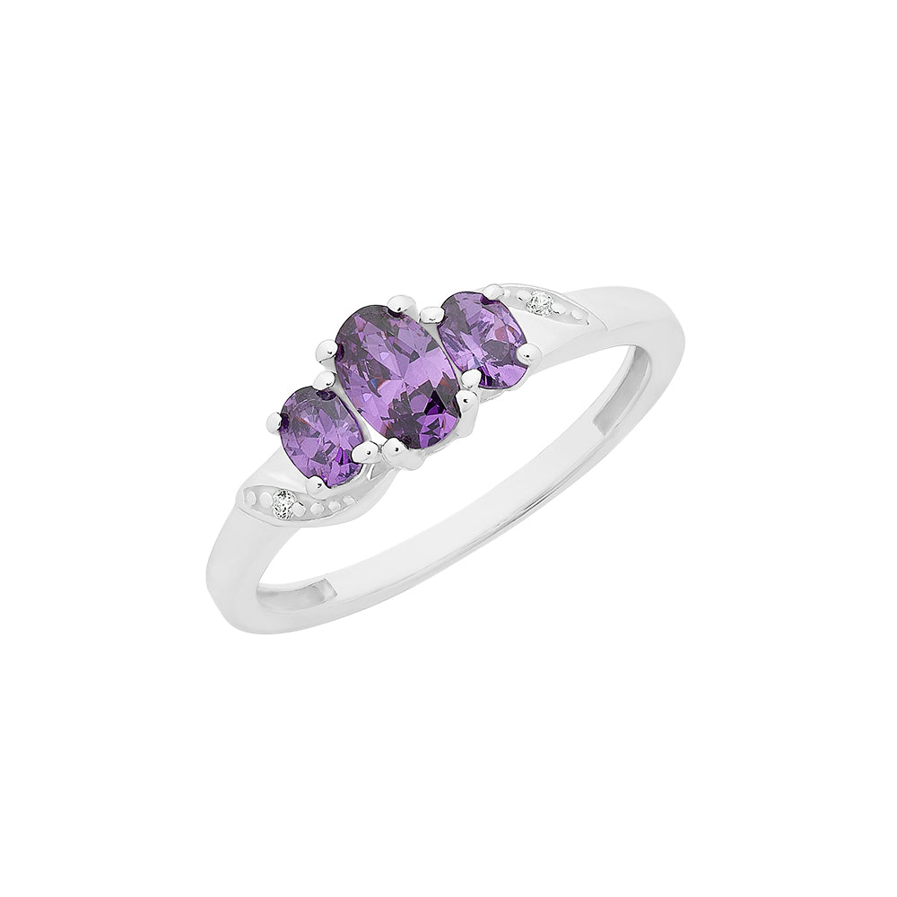 Sterling Silver Amethyst & Diamond Trilogy Ring