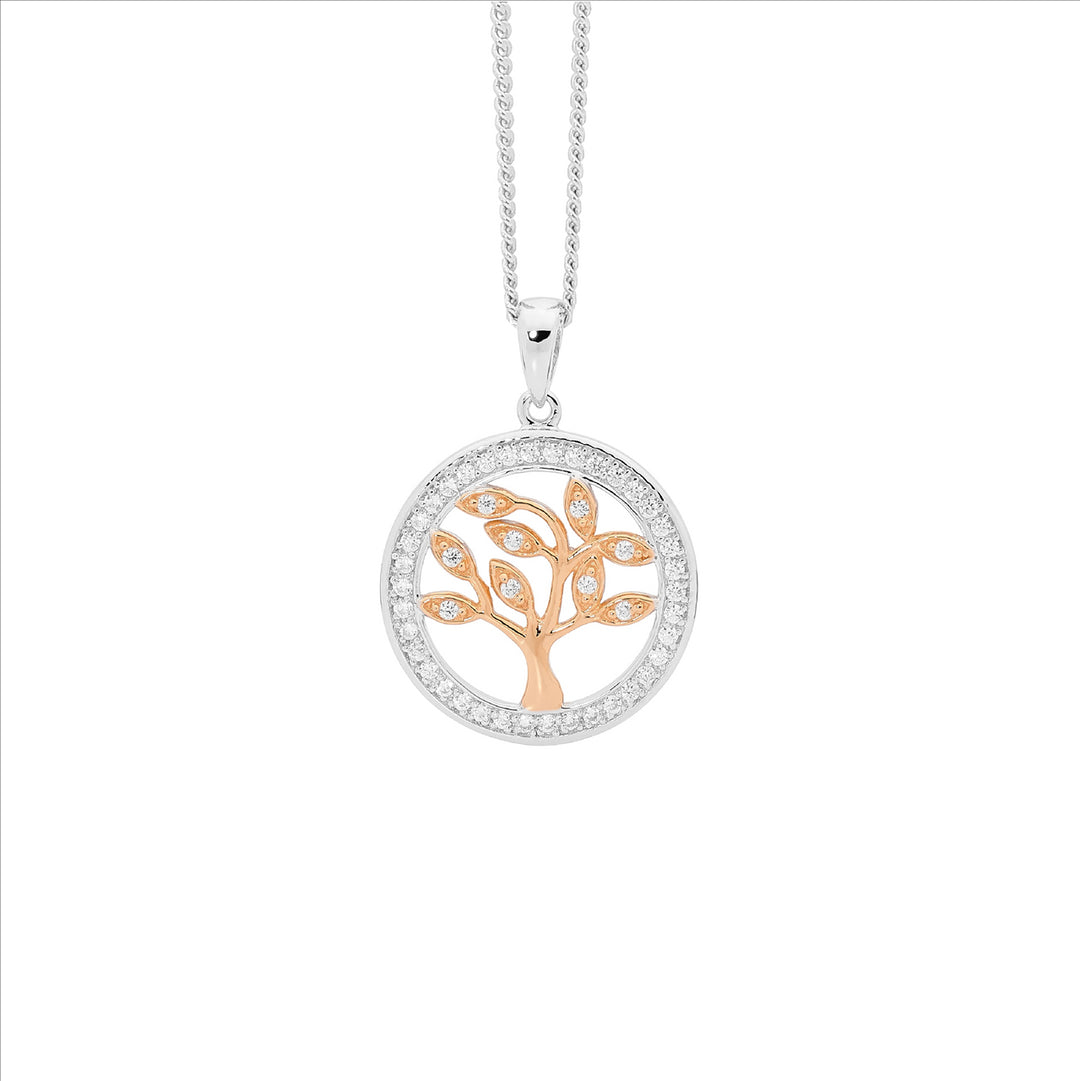 Sterling Silver White Cubia Zirconia Small Tree Of Life Pendant With Cubic Zirconia Surround Rose Gold Plating