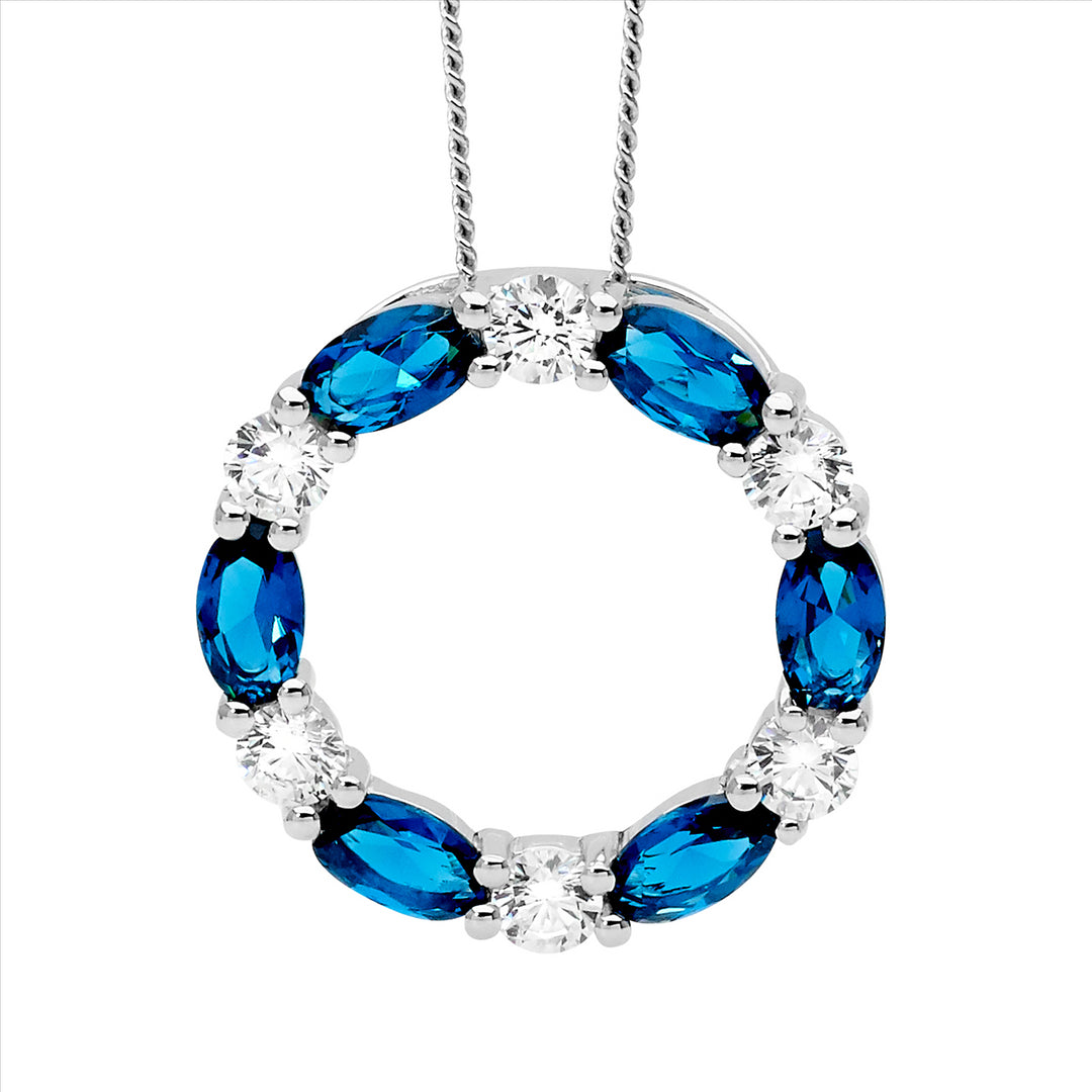 Ellani Sterling Silver Blue & WHite Cubic Zirconia Circle Shaped Necklace