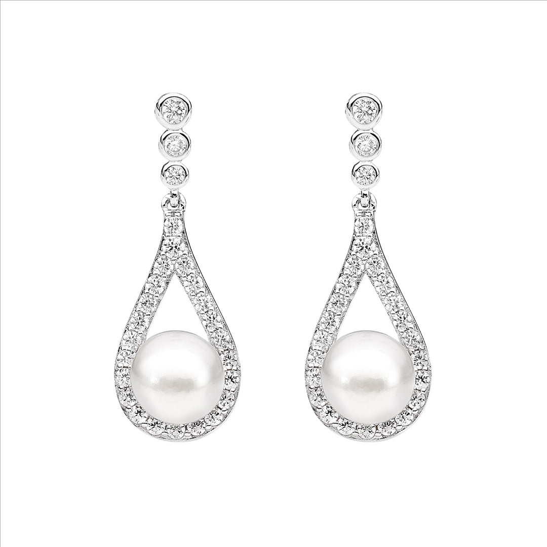 Sterling Silver Cubic Zirconia & Pearl Drop Stud Earrings