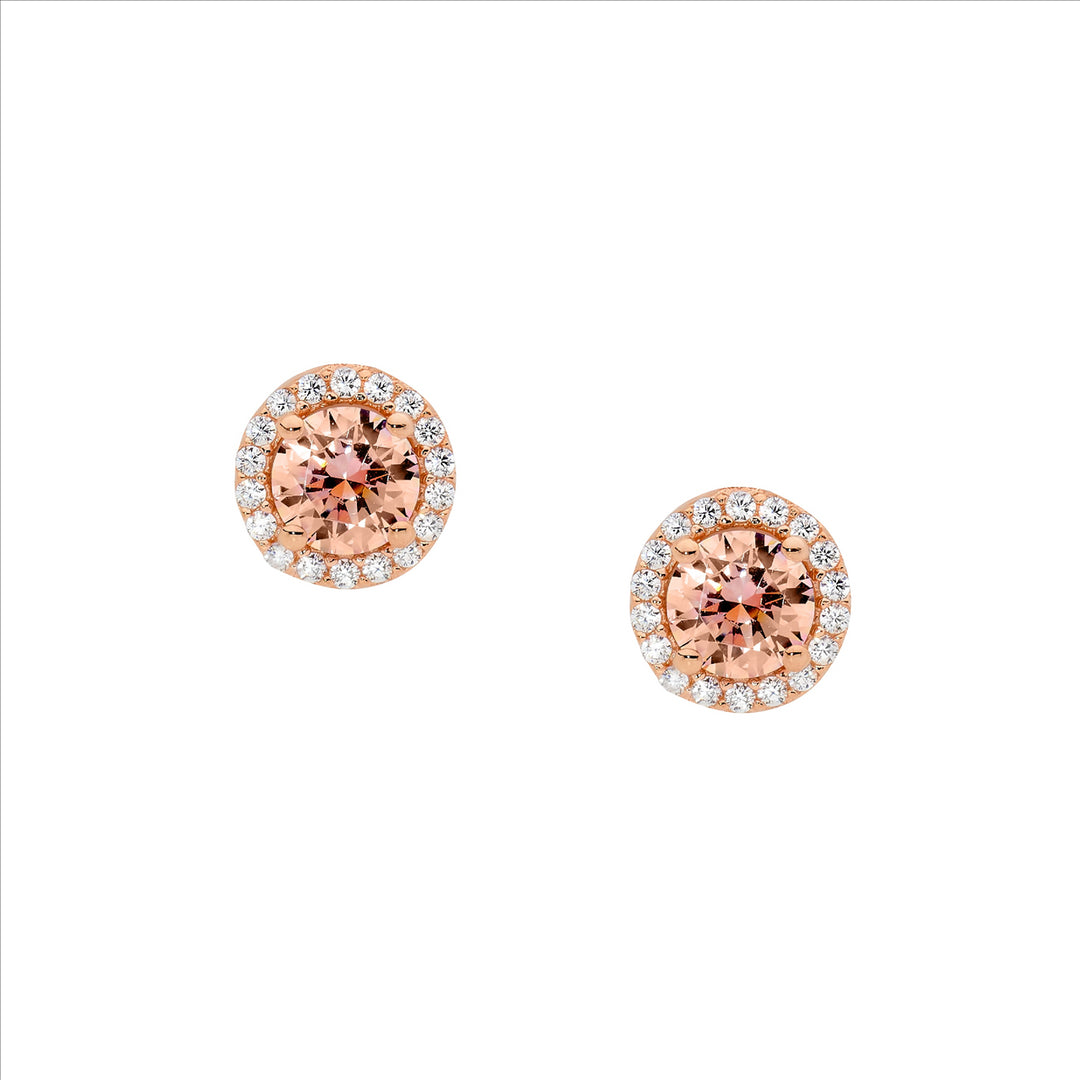 Ellani Sterling Silver Rose Gold Plated Pink Cubic Zirconia Stud Earrings