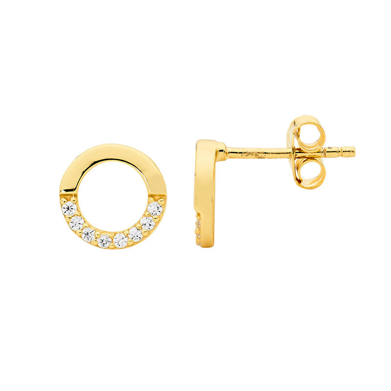 Ellani Sterling Silver Yellow Gold Plated White Cubic Zirconia Circle Shaped Stud Earrings