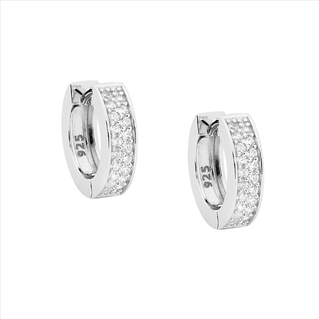 Sterling Silver Cubic Zirconia Double Row Huggie Earrings